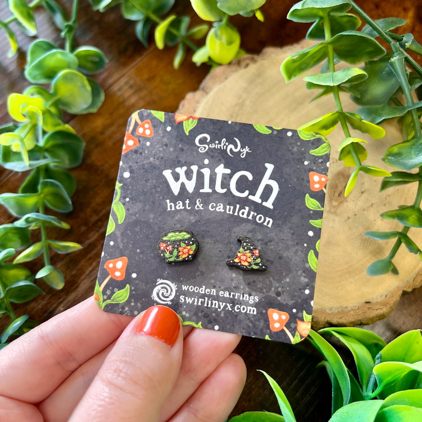 Witch Hat & Cauldron Wooden Earrings