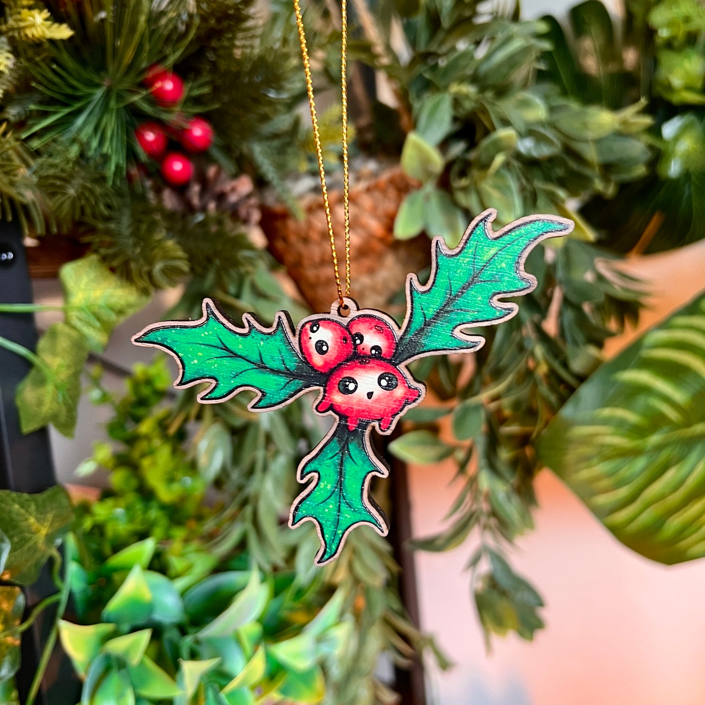 Holly Berries Wooden Christmas Decoration