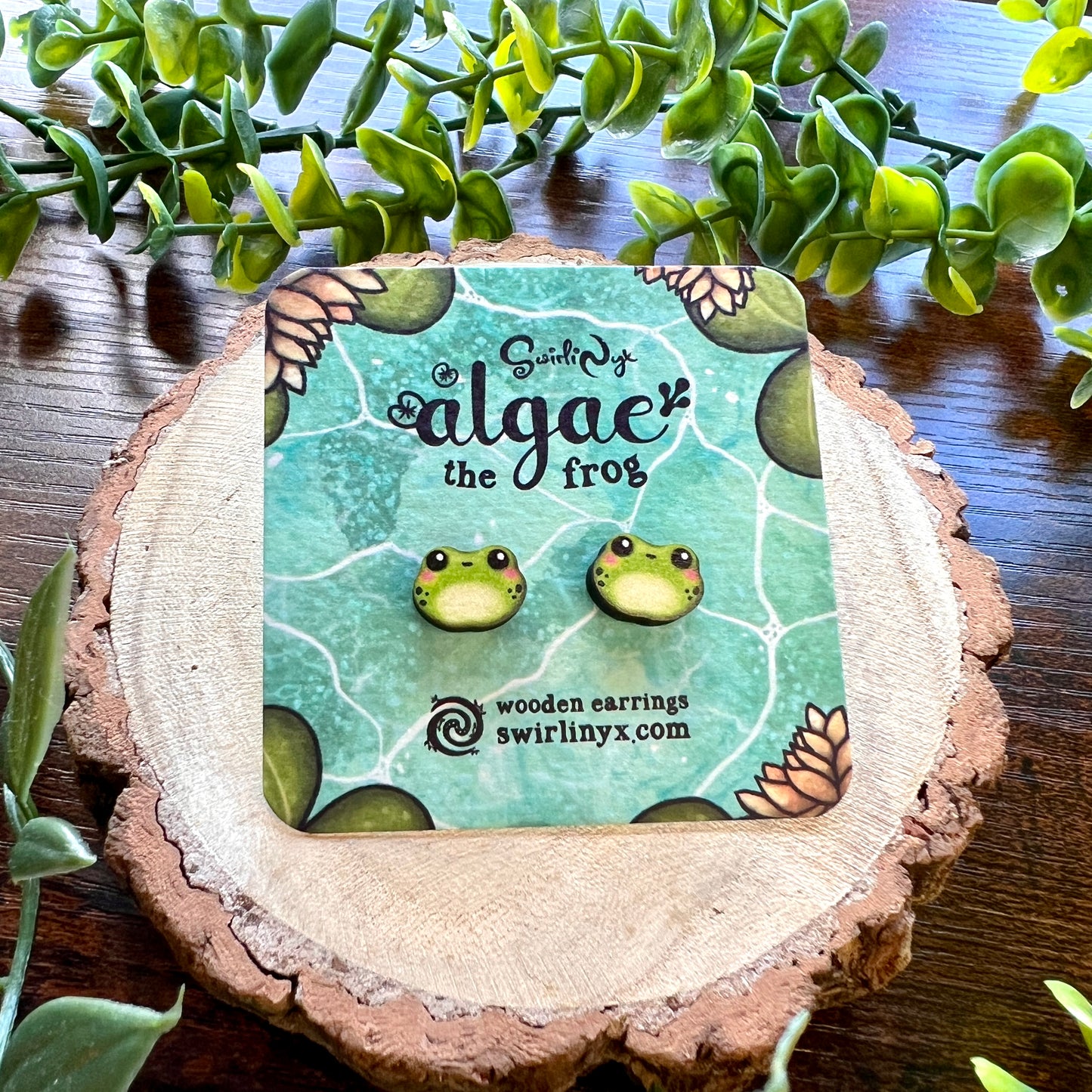 Algae the Frog Wooden Earrings