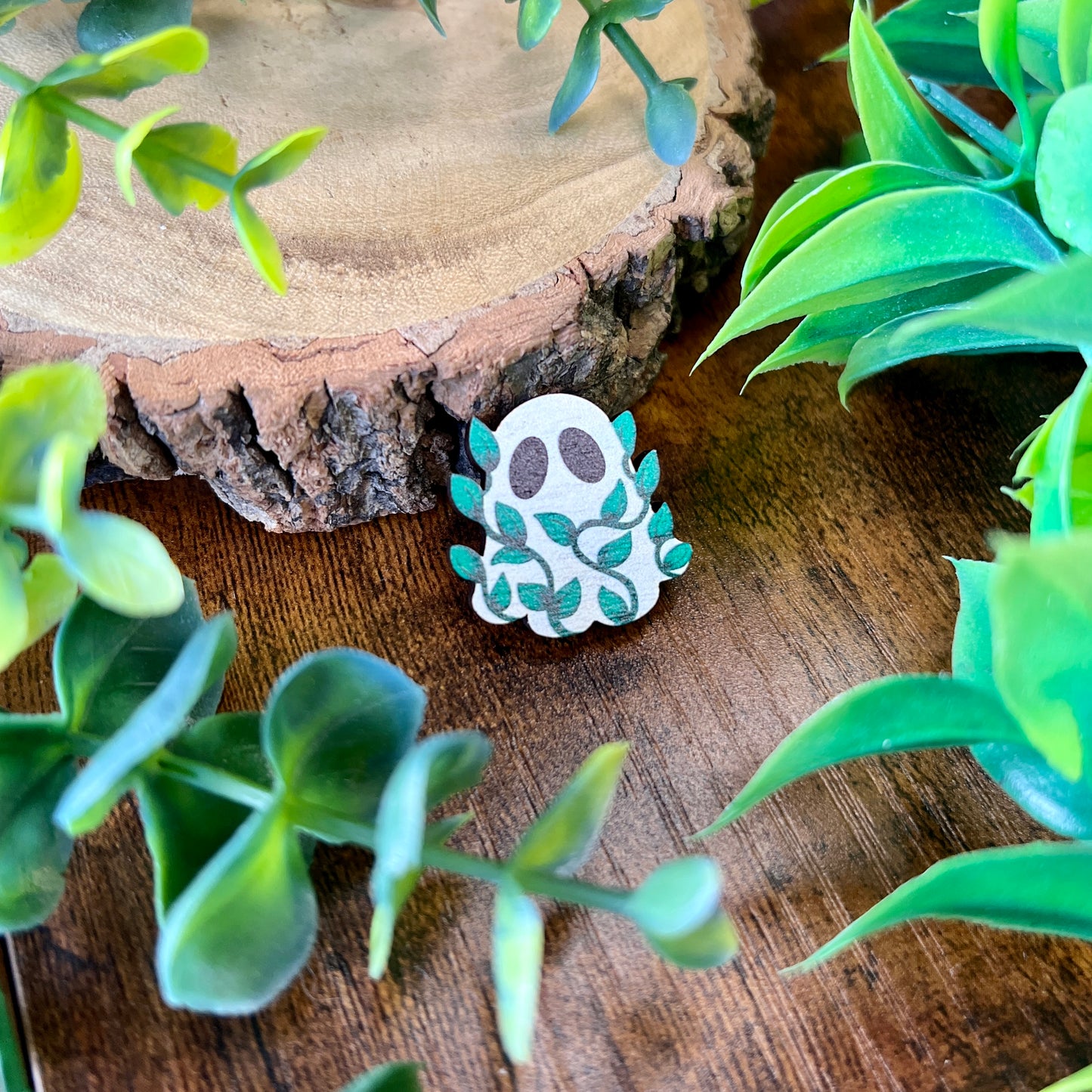 Leafy Ghost Wooden Pin