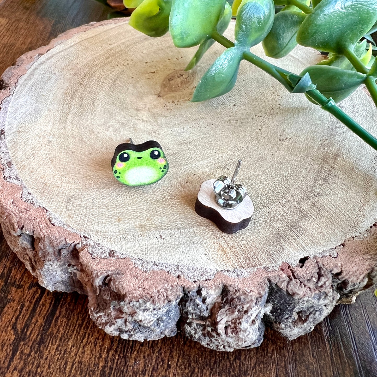 Algae the Frog Wooden Earrings