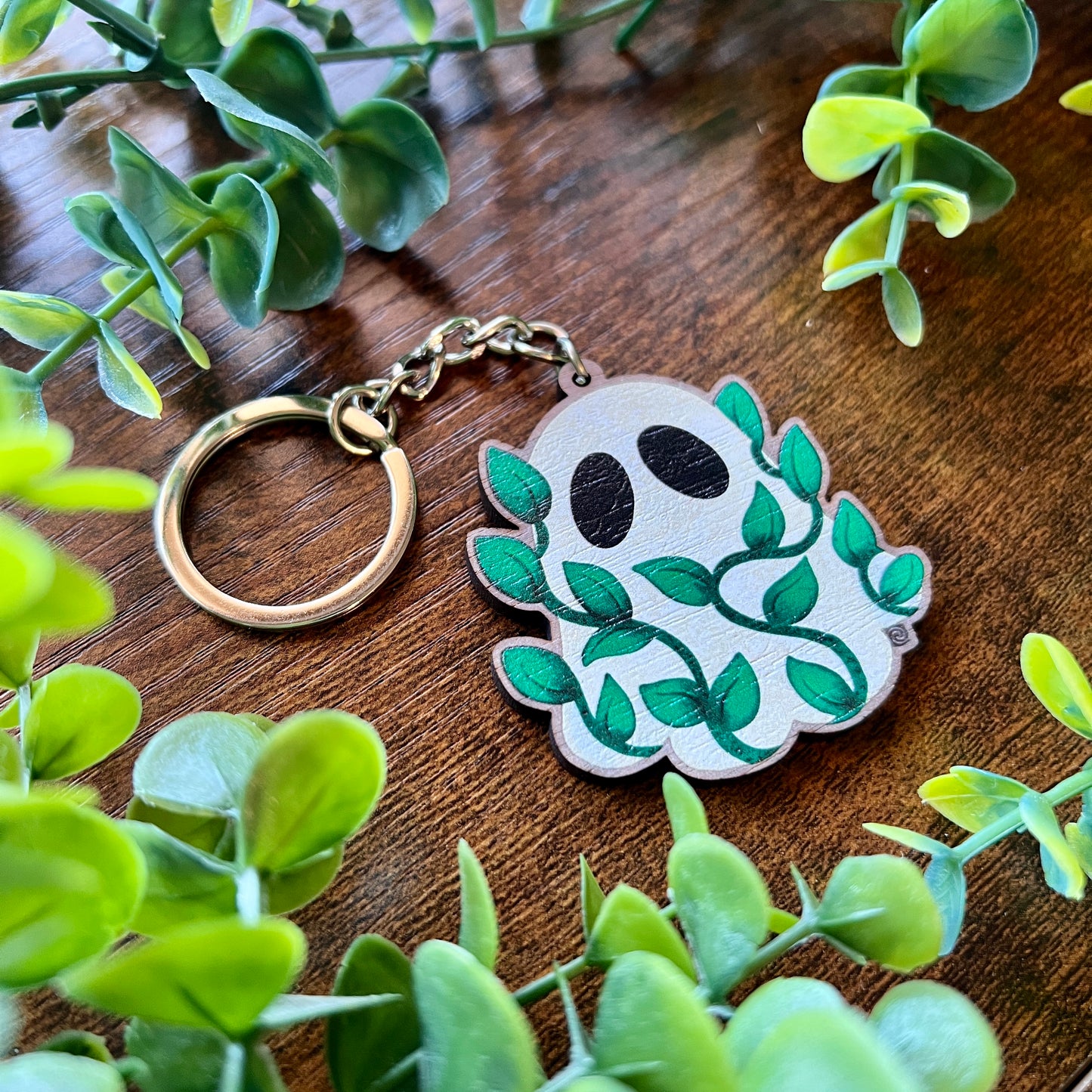Leafy Ghost Wooden Keyring