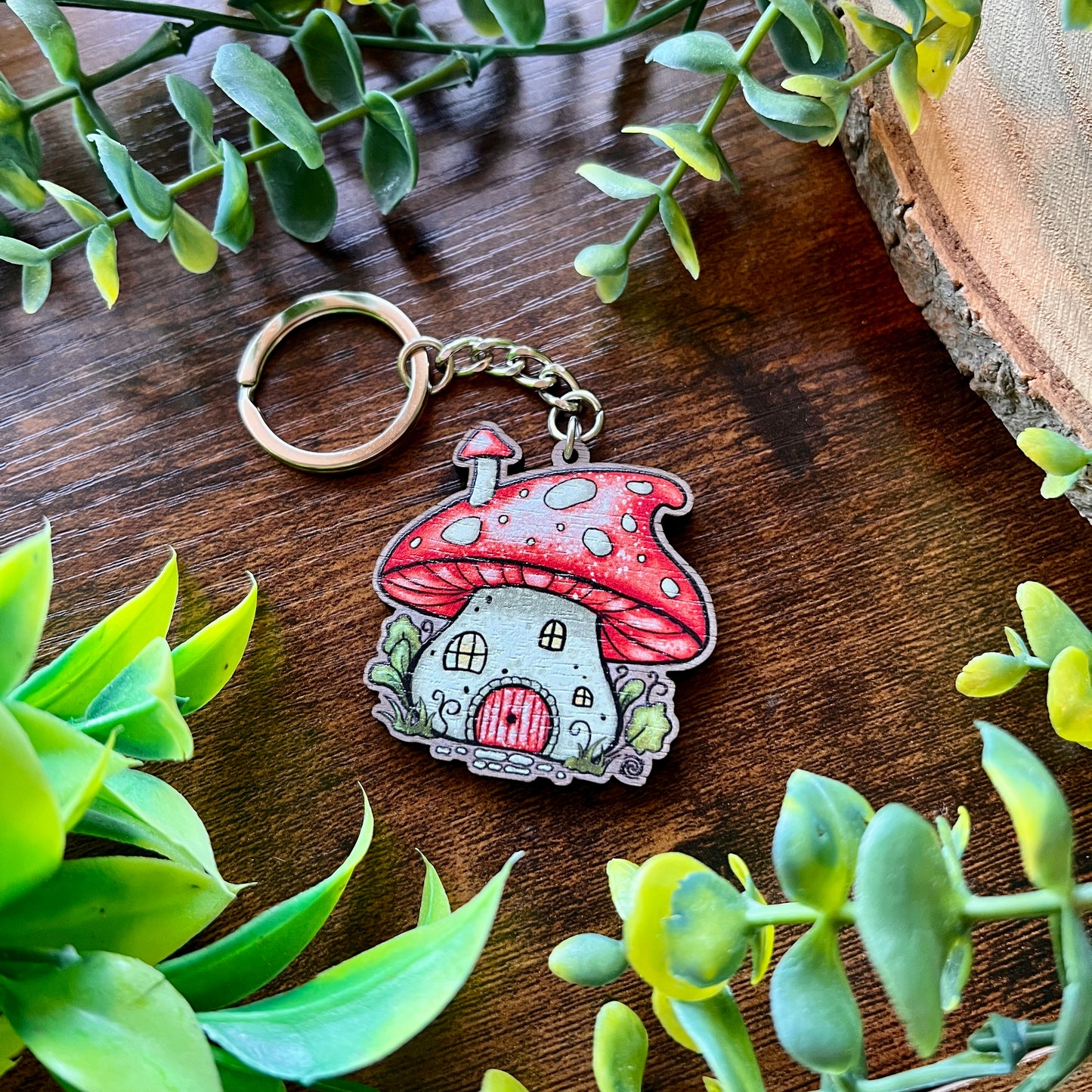 Mushroom House Wooden Keyring