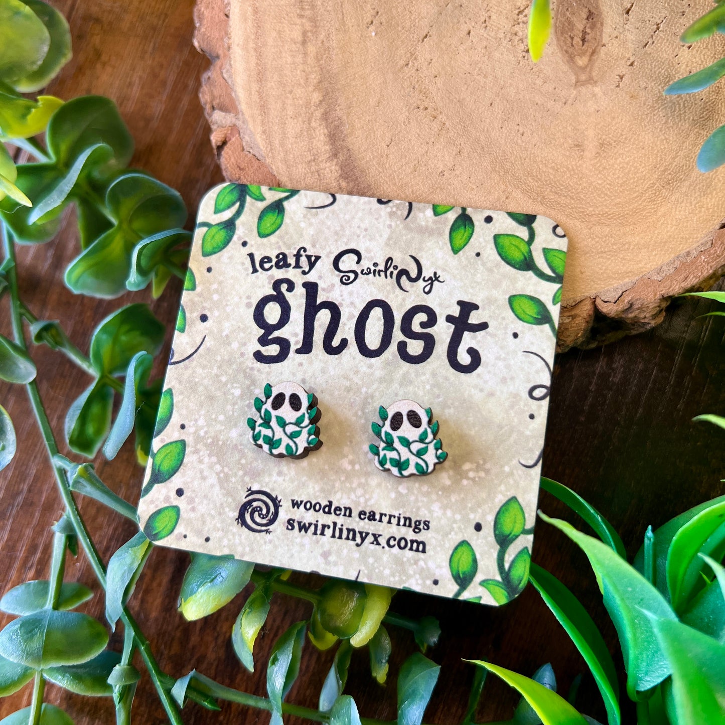 Leafy Ghost Wooden Earrings