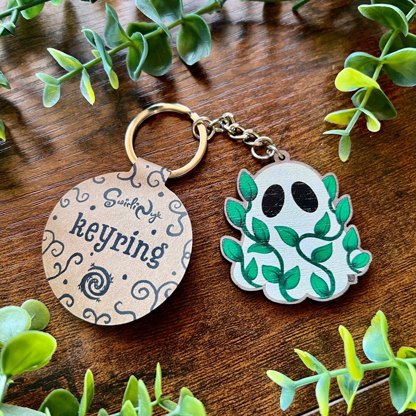 Leafy Ghost Wooden Keyring