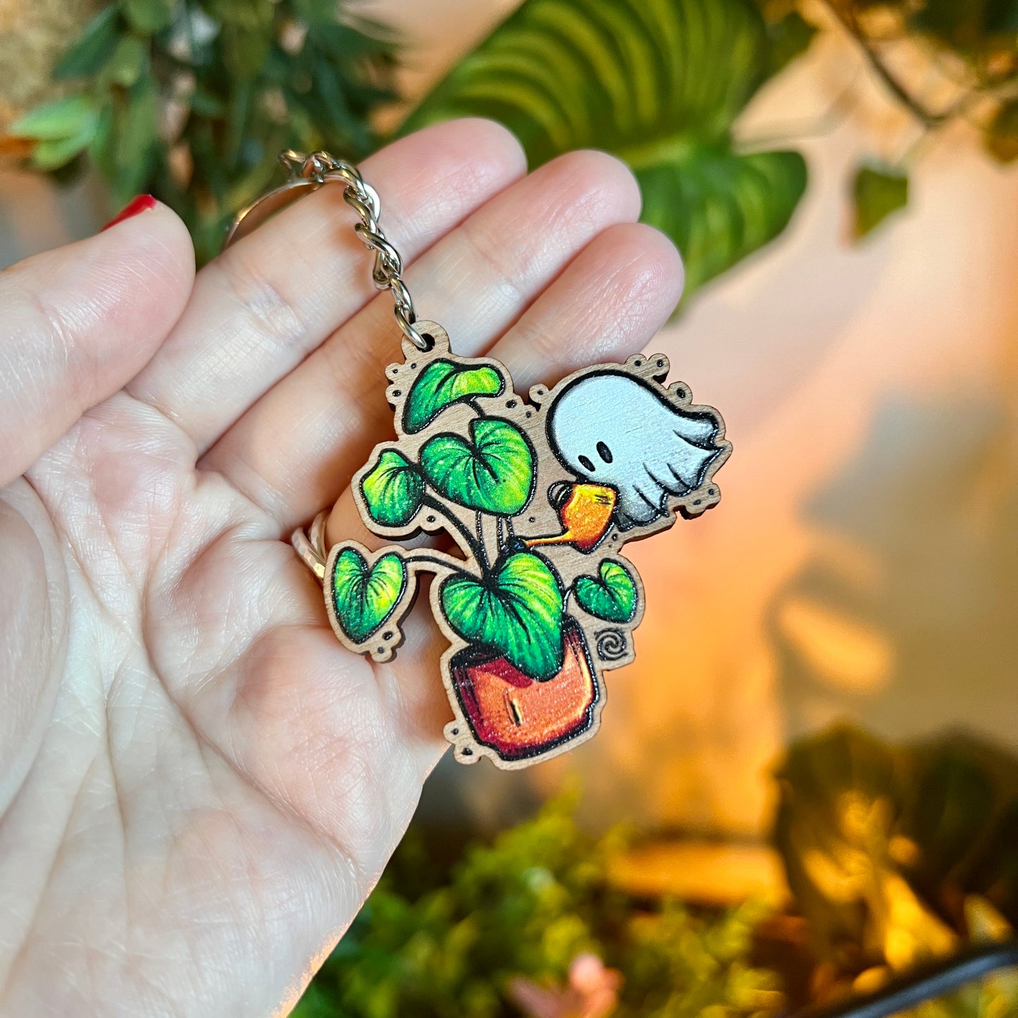 Ghost and Plant Wooden Keyring