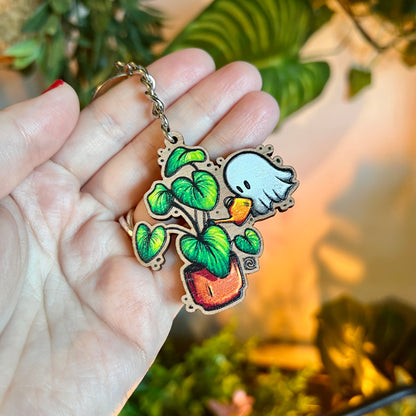Ghost and Plant Wooden Keyring