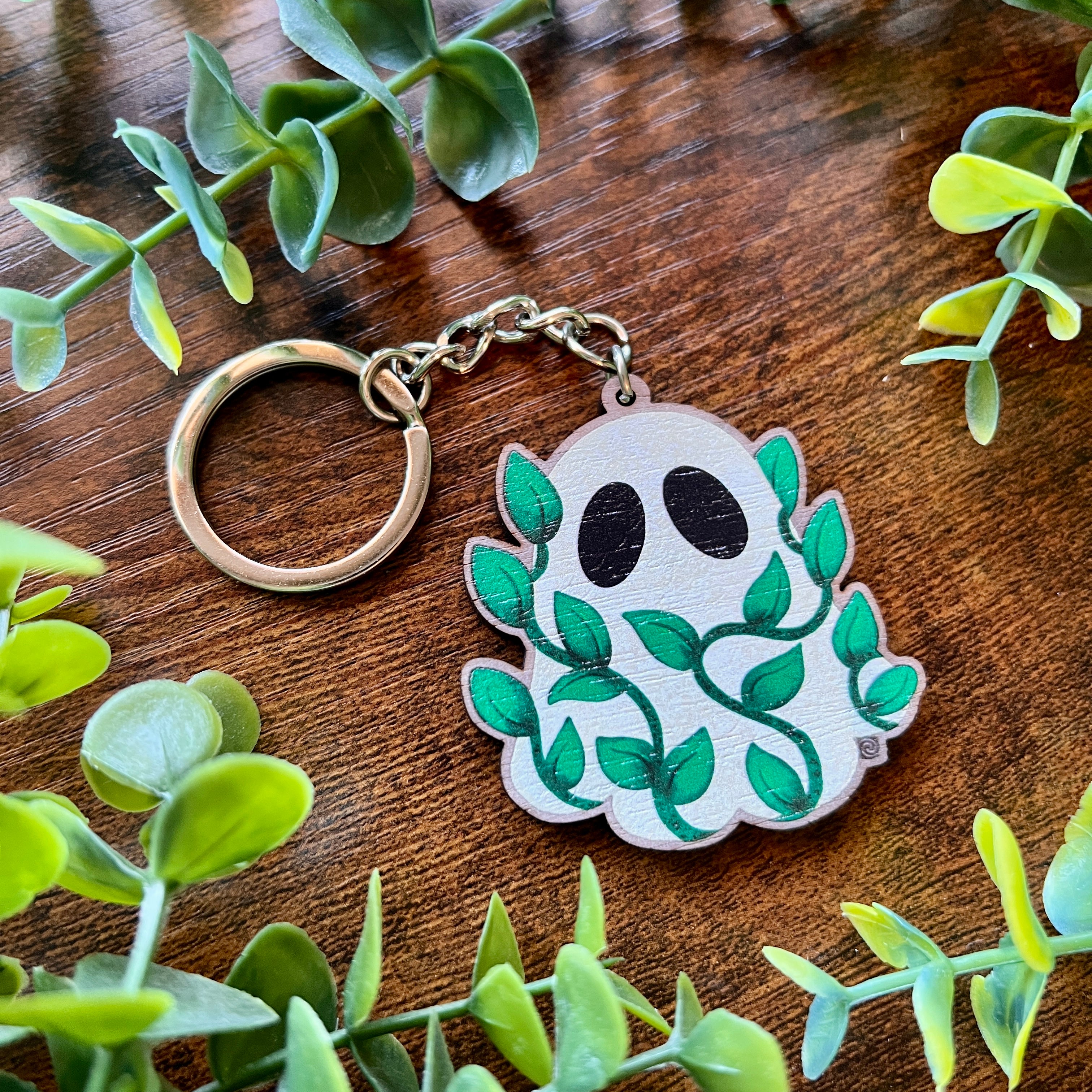 Leafy Ghost Wooden Keyring