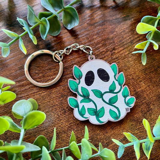 Leafy Ghost Wooden Keyring