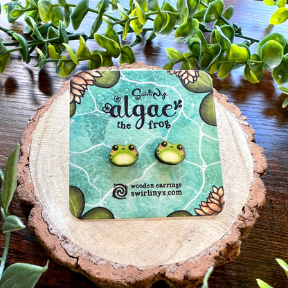 Algae the Frog Wooden Earrings