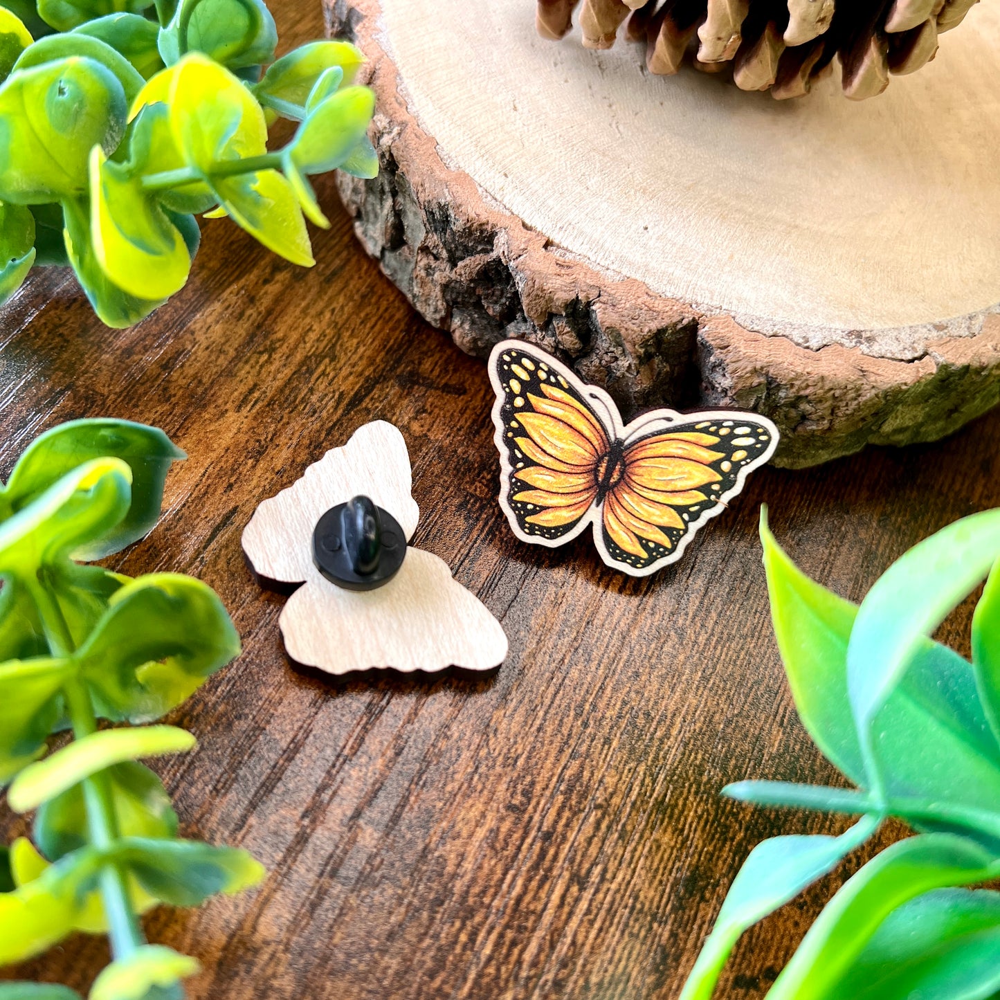 Sunflower Butterfly Wooden Pin