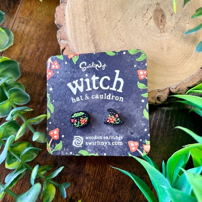 Witch Hat & Cauldron Wooden Earrings