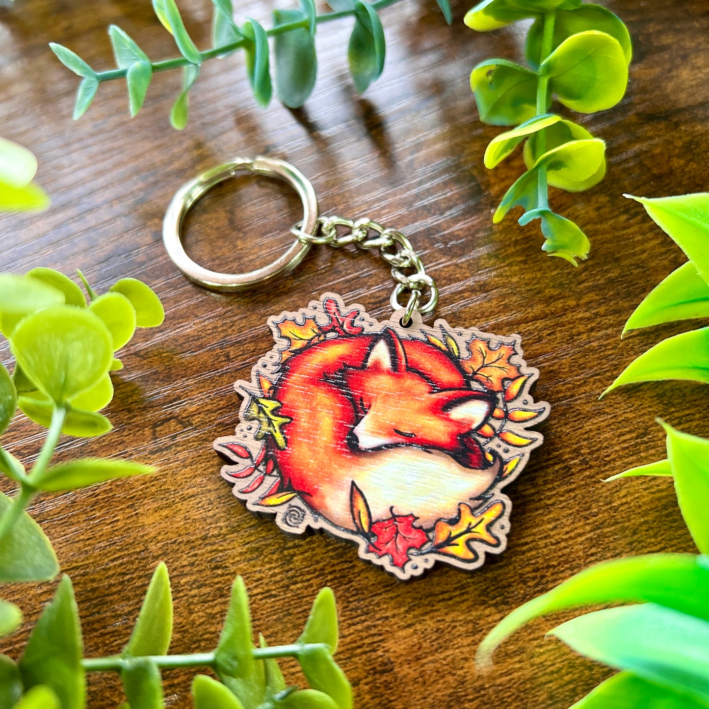 Sleeping Fox Wooden Keyring