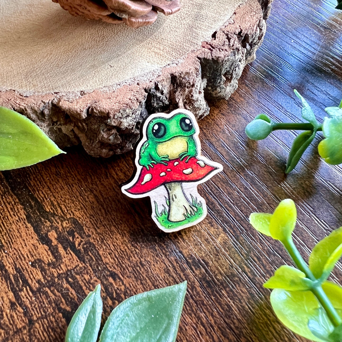 Frog on a Fungi Wooden Pin