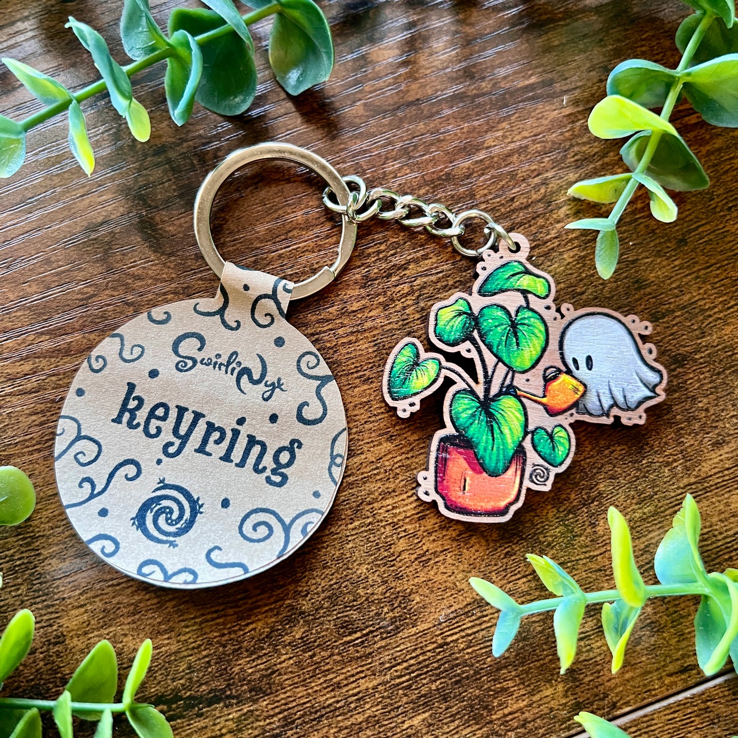 Ghost and Plant Wooden Keyring