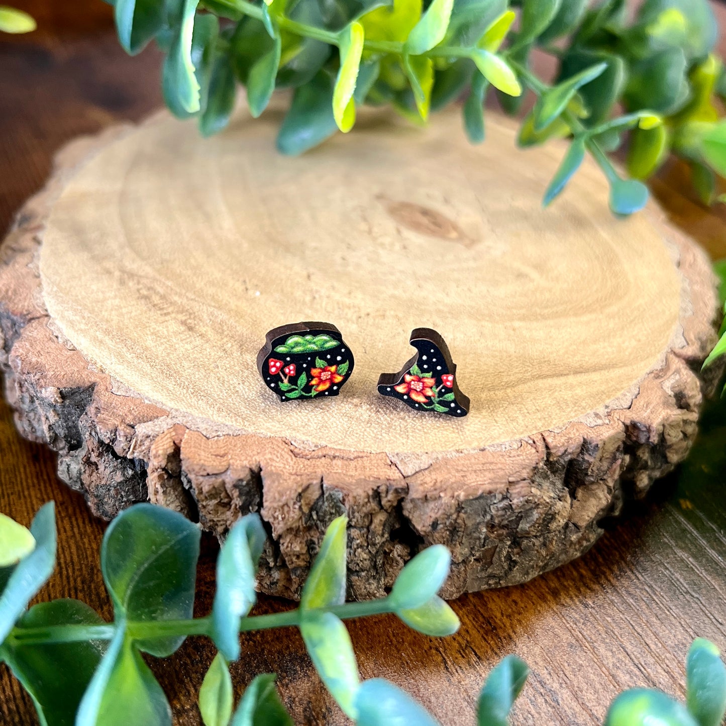 Witch Hat & Cauldron Wooden Earrings