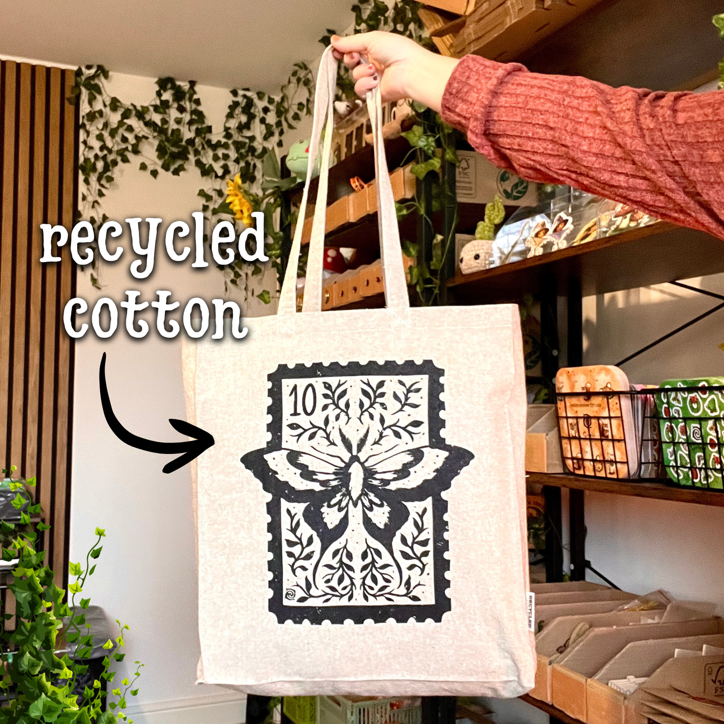 Magical Moth Stamp Recycled Tote Bag with Gusset