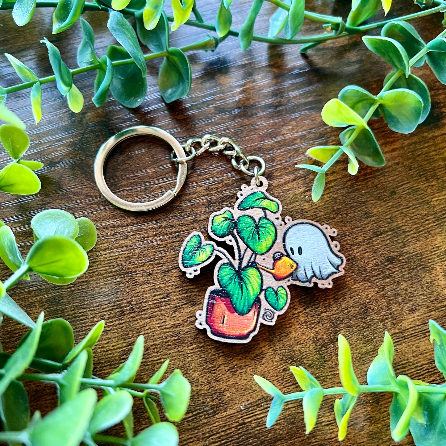Ghost and Plant Wooden Keyring