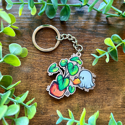 Ghost and Plant Wooden Keyring