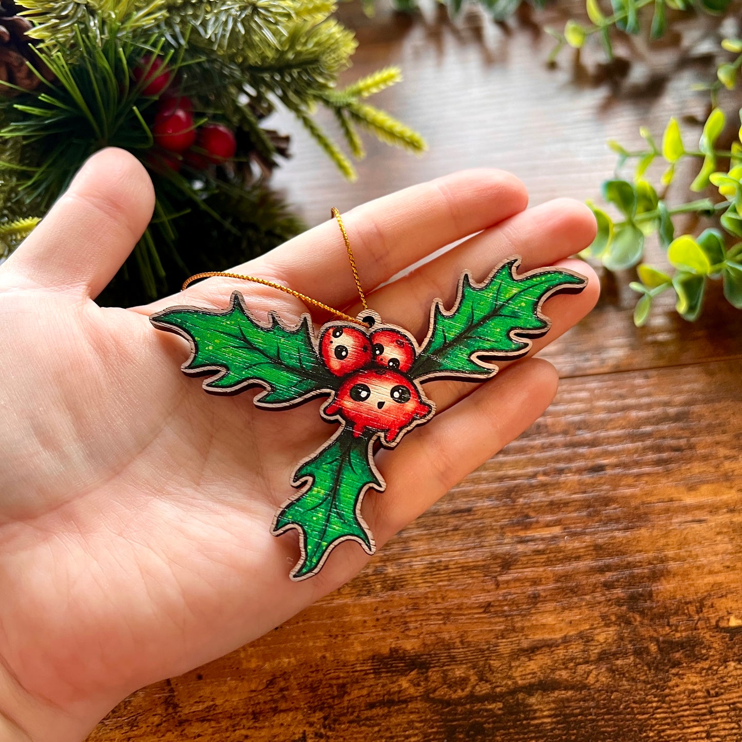 Holly Berries Wooden Christmas Decoration