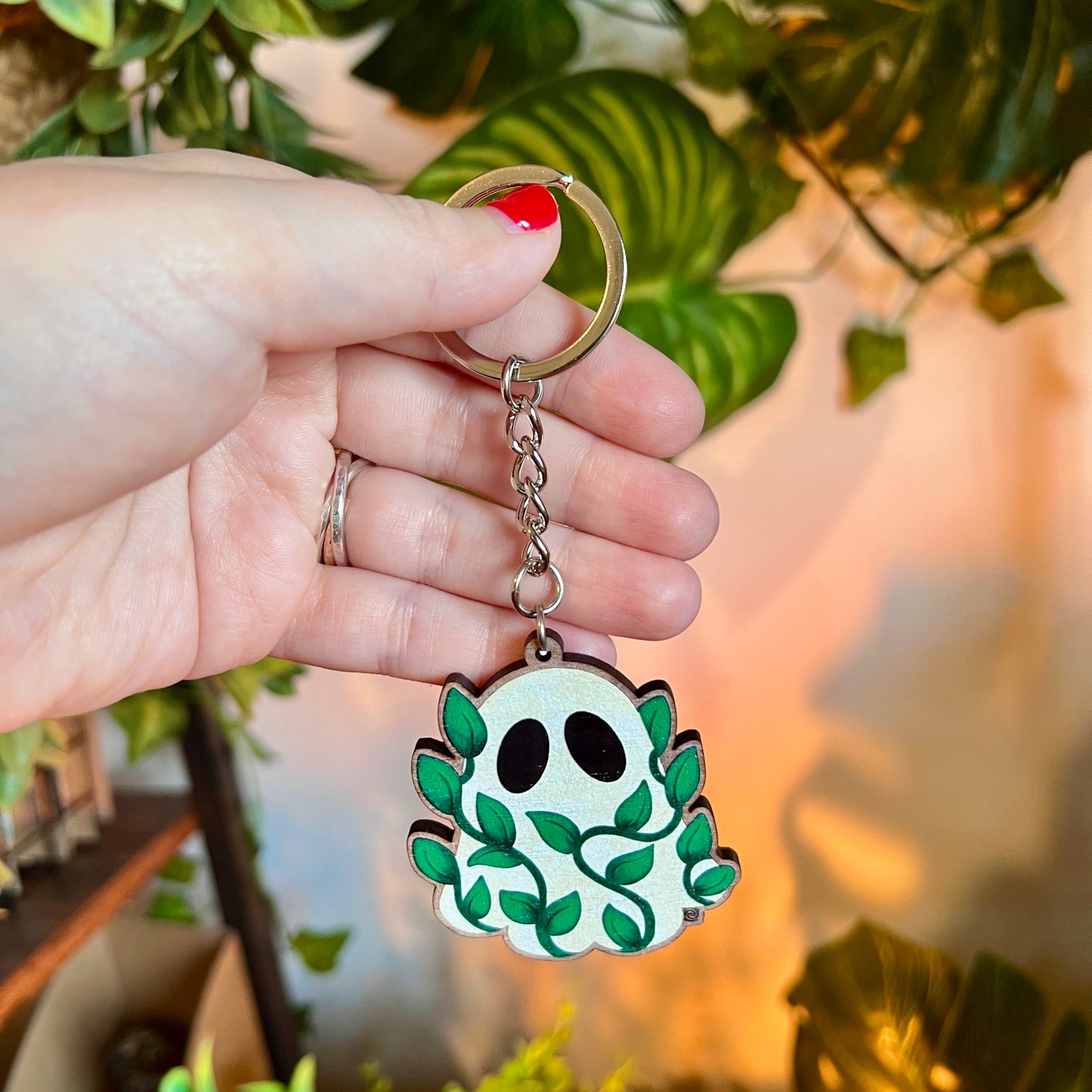 Leafy Ghost Wooden Keyring
