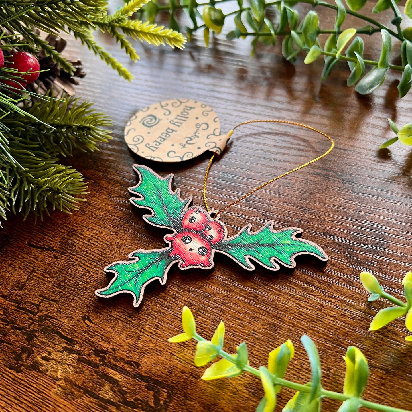 Holly Berries Wooden Christmas Decoration