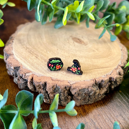 Witch Hat & Cauldron Wooden Earrings