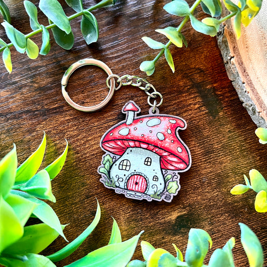 Mushroom House Wooden Keyring