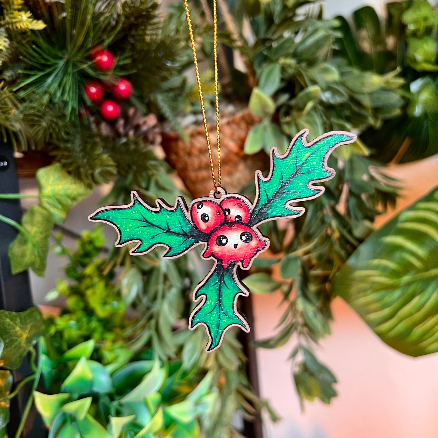 Holly Berries Wooden Christmas Decoration