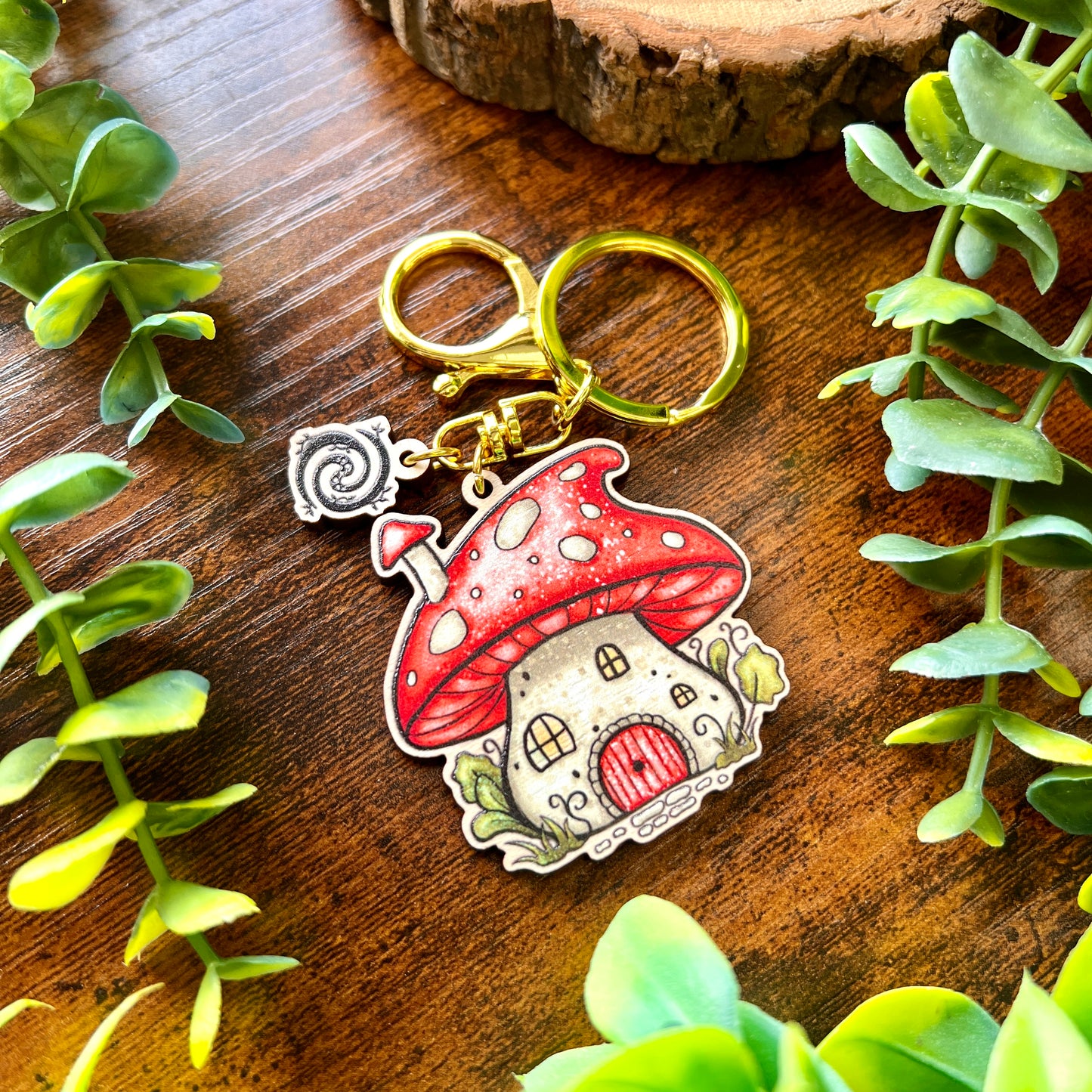 Mushroom House Wooden Keyring