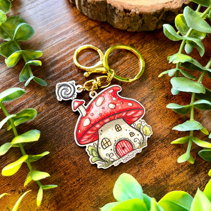 Mushroom House Wooden Keyring