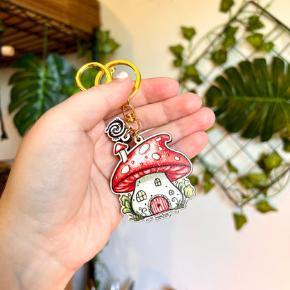 Mushroom House Wooden Keyring