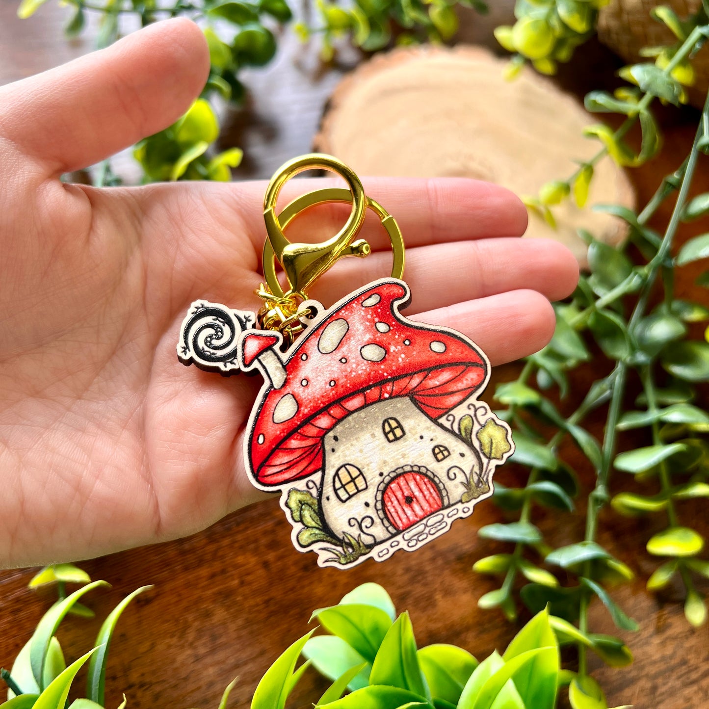 Mushroom House Wooden Keyring