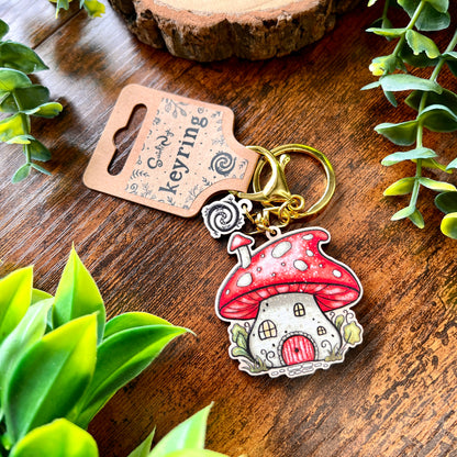 Mushroom House Wooden Keyring