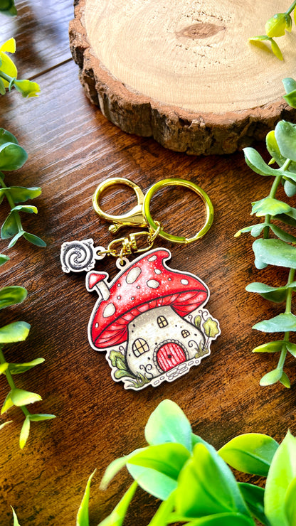 Mushroom House Wooden Keyring