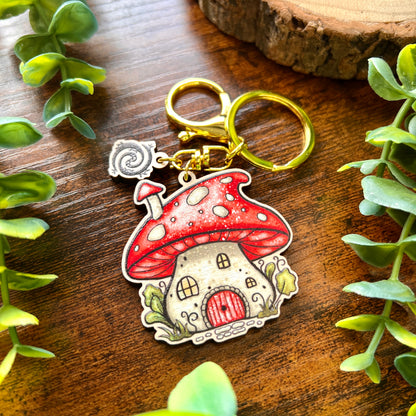 Mushroom House Wooden Keyring