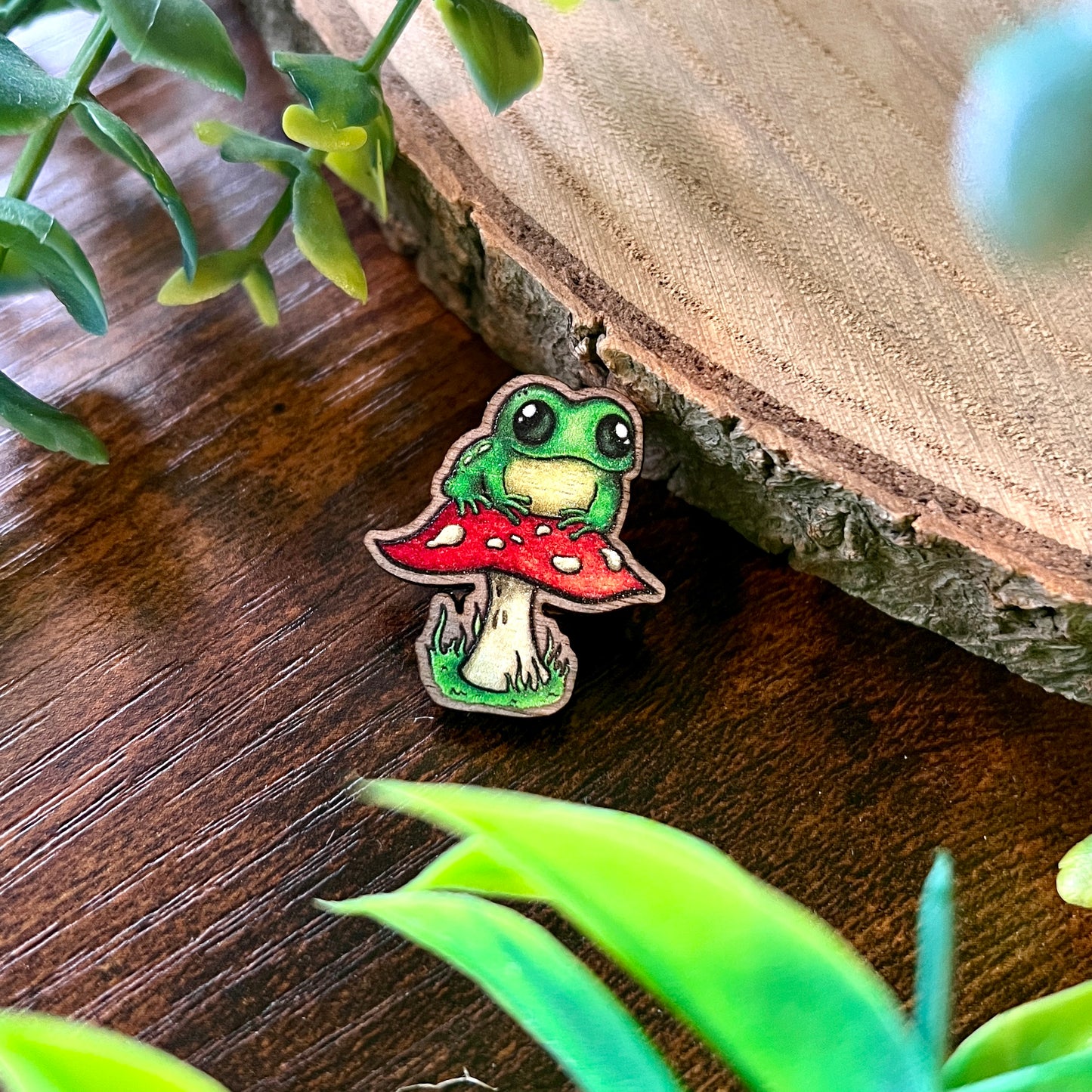 Frog on a Fungi Wooden Pin