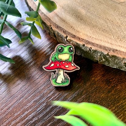Frog on a Fungi Wooden Pin