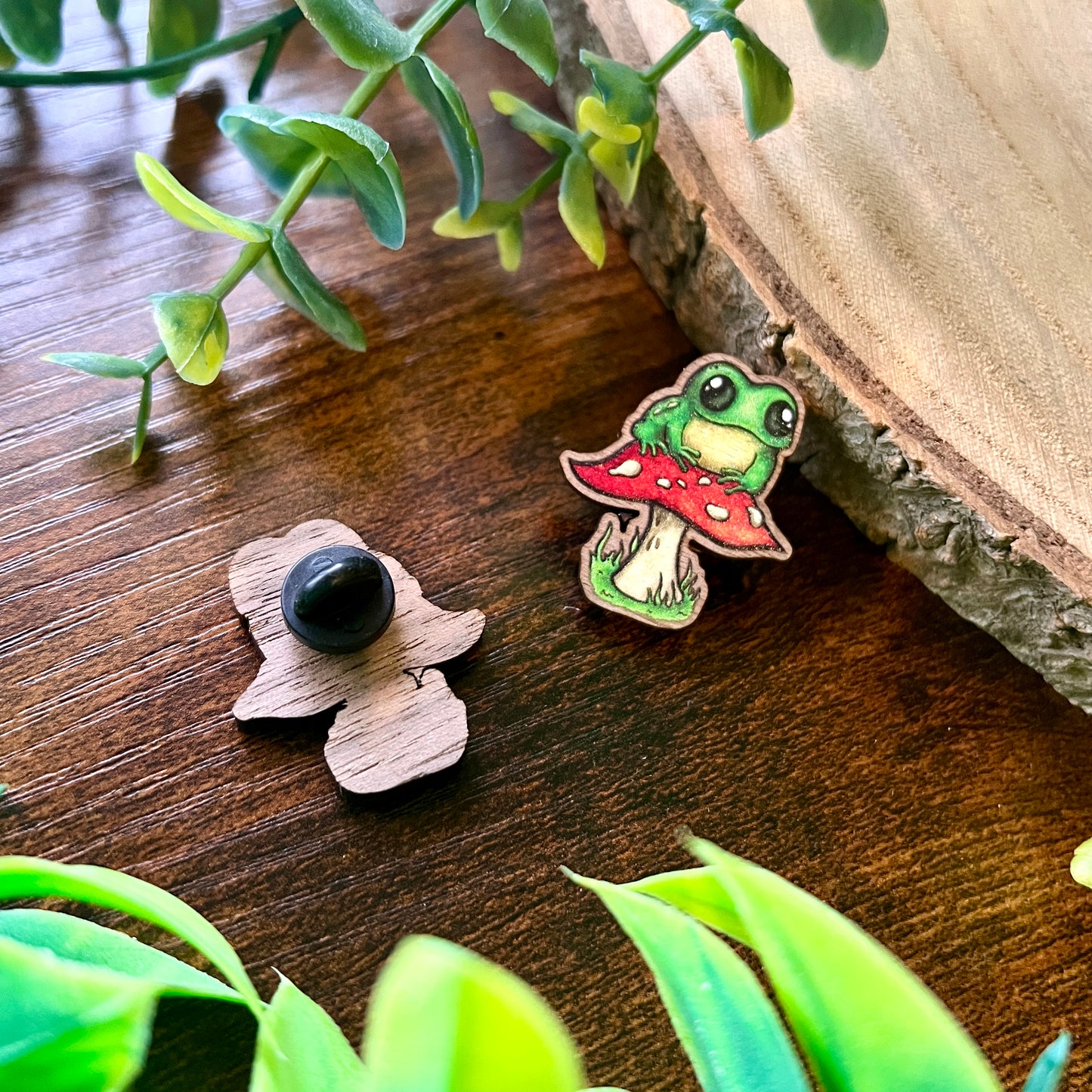 Frog on a Fungi Wooden Pin