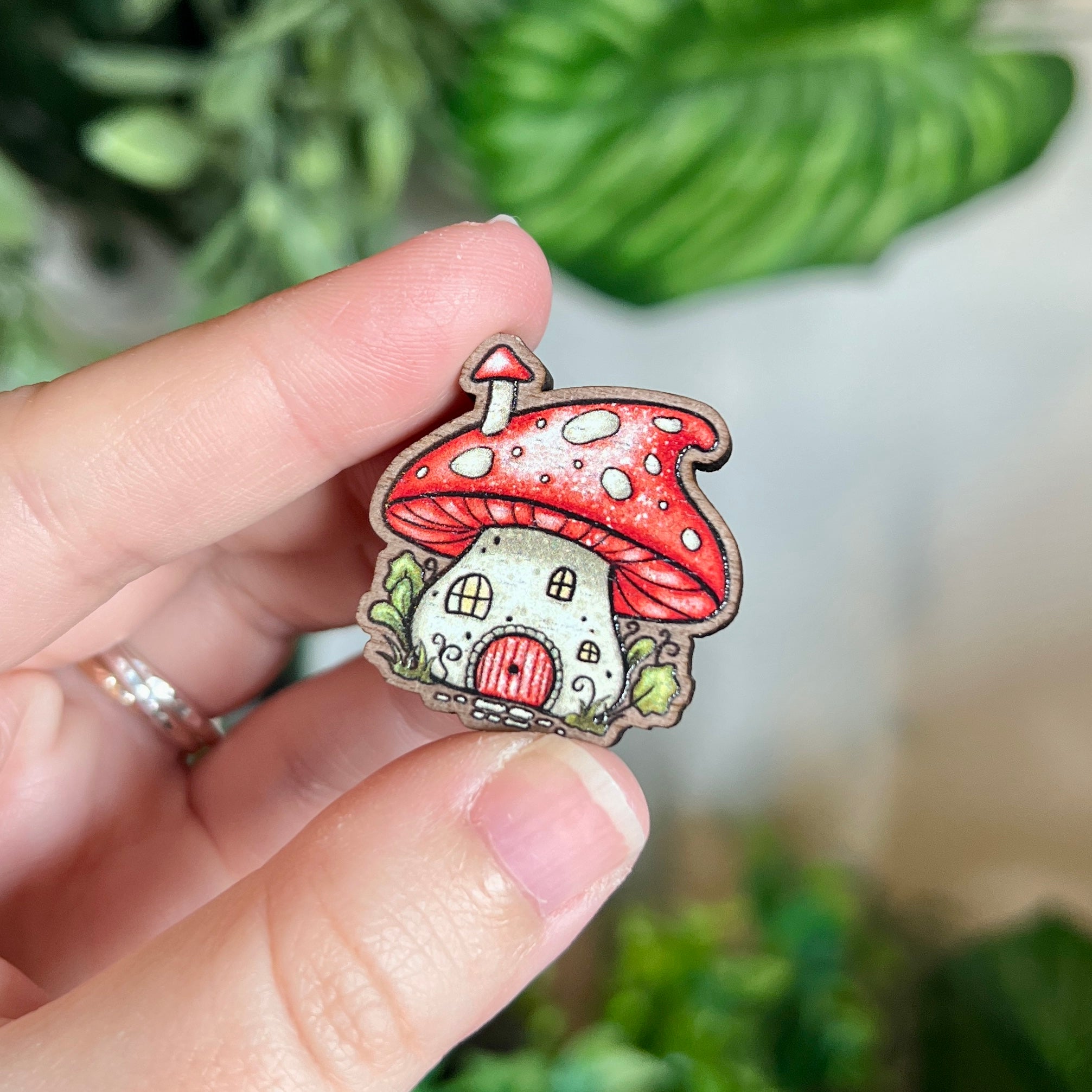 Mushroom House Wooden Pin