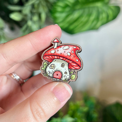 Mushroom House Wooden Pin
