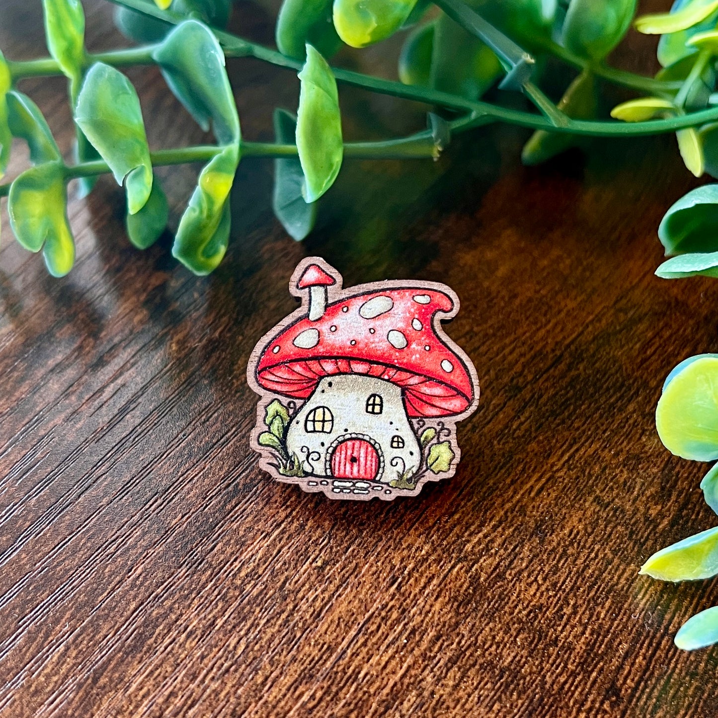 Mushroom House Wooden Pin