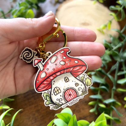 Mushroom House Wooden Keyring